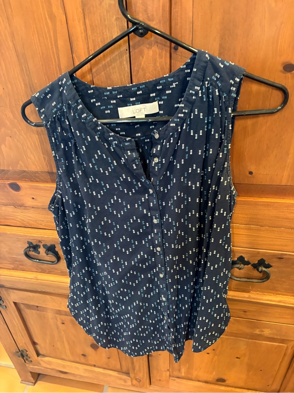 LOFT Navy Sleeveless Button-Front Camisole with Light Blue Micro Dot Print
